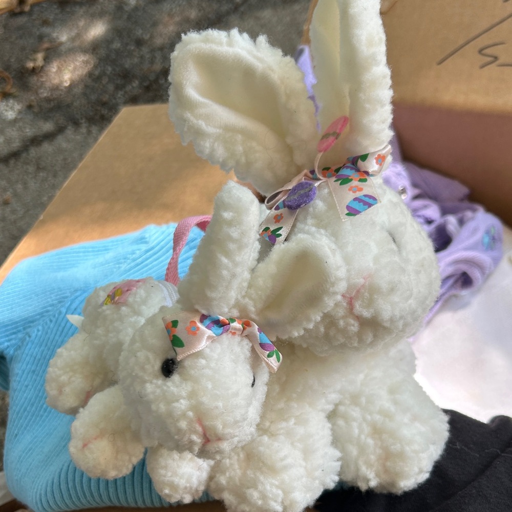 Charming White Plush Bunny Pair with Ribbon Accents. Purse